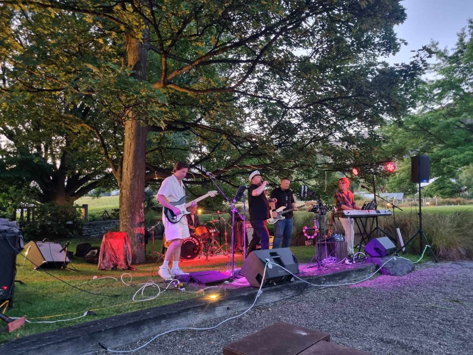 Live outdoor performance by a vibrant rock band under string lights, energizing a crowd at a nighttime event � perfect for weddings, parties, and special occasions in Queenstown and Central Otago.